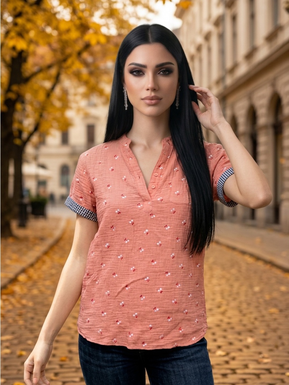 🚘 Woven Textured Short-Sleeve Top in Coral with Subtle cherry’s Embroidery 3X